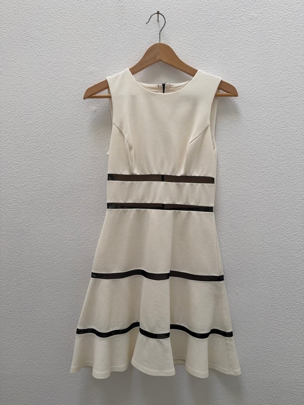 ABS Allen Schwartz White Fit & Flare Mini Dress Black Mesh Stripes Size XS